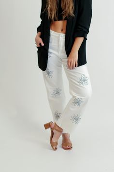 This is a 100% Cotton, Jean. It is embroidered with our signature brand logo flower. It fits mid-waist with wide-leg at the bottom of the jean. It can be styled in many ways and weather. Mix and match with some sneakers, boots, or heels. Logo Flower, White Embroidery, Sneakers Boots, Silk Scarves, Mix N Match, Mix And Match, Leg Jeans, Brand Logo, Jeans Size