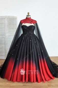 Gorgeous Black to Red Ombre Ball Gown with Cape Wrap - Lunss Ombre Ball Gown, Bridesmaid Dresses Affordable, Red Dress Formal, Black And Red Wedding, Black To Red Ombre, Black Red Wedding, Gown With Cape, Black Wedding Gowns, Black Quinceanera Dresses