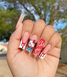 Paznokcie Hello Kitty, Hello Kitty Nail, Kitty Nail, Long Acrylic Nail Designs, Colored Acrylic Nails, Girly Acrylic Nails