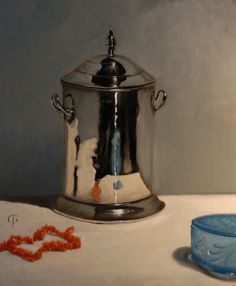 a painting of a silver pot and blue bowl on a white tablecloth with beads