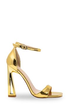 A sky-high flared heel dramatically lofts this ankle-strap sandal shaped by a squared toe. 4 1/2" heel Synthetic upper, lining and sole Imported Gold T-strap Sandals With Toe Loop For Summer, Cheap Gold T-strap Open Toe Sandals, Gold Ankle Strap T-strap Sandals For Beach, Glamorous Gold Sandals With 4-inch Heel, Gold Synthetic Sandals With 4-inch Heel, Strap Sandals Women, Sandal Women, Sky High, Ankle Strap Sandals