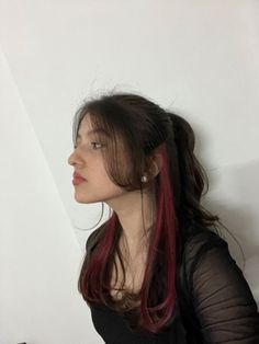 Red Hair Streaks Aesthetic, Brown Hair With One Streak Of Color, Under Hair Streaks, Peekaboo Hair Color Minimal, Red Hair Dye Ideas For Brunettes Underneath, Under Streaks Hair, Black Hair With Wine Red Underneath, Dark Red Underdye Hair Brown, Wine Red Hair Color Highlights