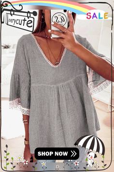 Casual Lace Stitching Five-quarter Sleeve Cotton and Linen Shirt Gray Patchwork Short Sleeve Tops, Gray Patchwork Summer Top, Summer Gray Patchwork Tops, Gray Half Sleeve Tops For Spring, Casual Lace, Quarter Sleeve, Linen Shirt, Sleeve Cotton, Customer Support