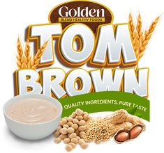 a bag of tom brown cereal next to some nuts and other foods on a white background