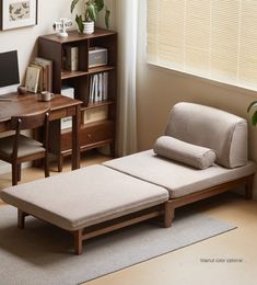 a living room scene with focus on the chaise lounger and bookshelf