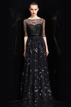 Black Amazing Bateau Neck Illusion Sweetheart Sequin Star Half Sleeves Tulle evening dress Bohemian Dresses, Tulle Evening Dress, Space Wedding, Bateau Neck, Illusion Neckline, Tulle Prom Dress, Occasion Dresses, Half Sleeves, Evening Dress