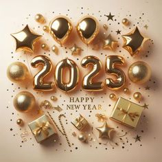 golden balloons and presents are arranged in the shape of numbers for new year's eve