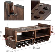 a wooden shelf with two compartments and three holes on the bottom, measurements for each shelf