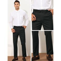 The slim-fit suit trousers with a vertical stripes design are modern, elegant, and stylish. Different from ordinary striped pants, these pants have a contrasting striped pattern design that is more fashionable. Pair with a dress shirt, polo shirt, blazer, and shoes for a smart business or casual look. Perfect for formal occasions such as weddings, dates, office working, proms, parties, etc. Fitted Dress Pants With Vertical Stripes, Classic Striped Straight Dress Pants, Elegant Tailored Striped Dress Pants, Elegant Vertical Stripes Pants For Office, Elegant Striped Pants With Welt Pockets, Elegant Striped Office Pants, Elegant Striped Pants For Office, Formal Black Pants With Vertical Stripes, Business Straight Leg Striped Dress Pants