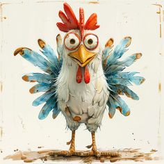 a painting of a chicken with glasses and feathers on it's head, standing in front of a white background