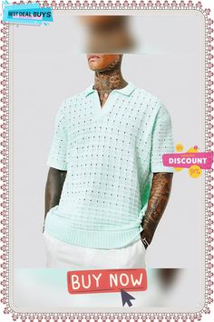 Men's Polo Shirt Knit Polo Sweater Golf Shirt Turndown Summer Short Sleeve Light Blue White Yellow Plain Street Casual Clothing Apparel Hollow Out Blue Top With Ribbed Collar For Summer, Green Cotton Short Sleeve Polo Sweater, Green Knit Collared Tops, Green Collared Knit Top, Casual Green Short Sleeve Polo Sweater, Collared Knitted Tops For Summer, Knitted Collared Tops For Summer, Summer Knitted Collared Tops, Winter Tops With Ribbed Collar And Short Sleeves