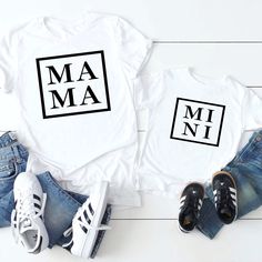 "This adorable mommy and me matching shirts is the perfect Mother's Day Gift. Or shirts and bodysuits are super soft and great quality. + Machine washable & dryer safe (I recommend drying on delicate) + Design color will depend on the color of the shirt that you select. For more information please check out our color chart in the photo section. + Select size and color in the drop down menu. UNISEX SHIRT SIZING AND BRAND + This shirt is a unisex shirt, unisex shirts have a \"boyfriend fit\" s Family Matching Shirts With Funny Print, Family Matching Shirt With Letter Print For Gifts, Mother's Day Family Matching Tops With Letter Print, White Top With Custom Parenting Print, White Tops With Custom Parenting Print, White Tops With Custom Print For Parenting, White Top With Custom Print For Parenting, Matching Tops With Custom Print For Mother's Day, Family Matching Tops With Name Print