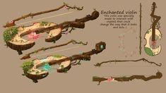 the concept art for an animated musical instrument with vines and flowers on it, including two strings