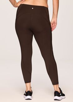 Boasting flattering lines and a fitted silhouette that perfectly complements the sleek, opaque Tech Flex fabric, our Step It Up Tech Flex Legging is a versatile full length workout tight you can take from studio to street with ease. Squat proof, quick drying fabric provides light compression for support as you move, while a large tech pocket discreetly lines each hip for added functionality. A supportive high rise waistband combines with sporty seaming detail throughout for an ultra flattering h Brown Full-length Activewear For Sports, Tight Brown Activewear For Workout, Brown Tight Activewear For Workout, Tight Brown Activewear For Yoga, Brown Athleisure Leggings For Sports, Brown Stretch Yoga Pants For Sports, Sporty High-stretch Brown Yoga Pants, Brown High Stretch Sporty Yoga Pants, Sporty Brown Leggings For Sports