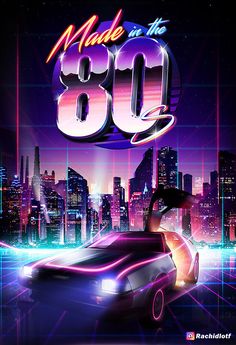 an advertisement for the 80's music album made in 3d with neon lights and cityscape