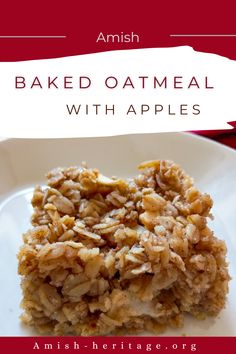 an image of baked oatmeal with apples on a white plate and red background