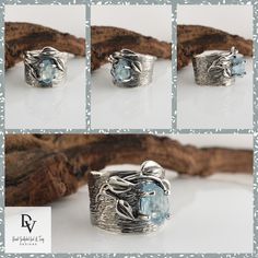 Wide Aquamarine Leaf and Twig Sterling Silver Ring - Handmade by Dawn #HandmadeJewelry #WideBand #SilverRing #LeavesRing #LeafRing #GirlsJewelry #RingsForWomen #Modern #NatureRing #Geometric Blue Topaz Natural Stone Ring, Blue Topaz Ring With Natural Stones, Unique Blue Topaz Jewelry With Natural Stones, Modern Jewelry With Stone Setting For Anniversary, Modern Stone Setting Jewelry For Anniversary, Modern Blue Topaz Ring Jewelry, Modern Blue Topaz Jewelry With Accent Stones, Unique Blue Topaz Birthstone Jewelry, Twig Wedding Band