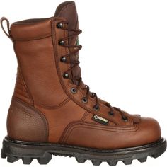 The Rocky 9" BearClaw boots are great for hunting, but you may want to work in them, too. Regardless of where you wear them, the #FQ0009237 boots are durable, rugged and comfortable. These Rocky boots are made with full-grain leather and tough nylon. They have genuine Goodyear® welt construction and a storm welt for durability, shape-retention and a solid platform for hours of wear. A breathable GORE-TEX® fabric membrane keeps moisture out and keeps your feet dry. Rocky added 200 grams of 3M™ Th Rugged Combat Boots With Snip Toe For Outdoor, Rugged Snip Toe Combat Boots For Outdoor, Rugged Lace-up Waterproof Hunting Boots, Durable Brown Hunting Boots, Rugged Hunting Hiking Boots With Round Toe, Rugged Round Toe Hiking Boots For Hunting, Outdoor Combat Boots With Reinforced Moc Toe, Outdoor Moc Toe Combat Boots With Reinforced Toe, Hunting Waterproof Boots With Reinforced Toe