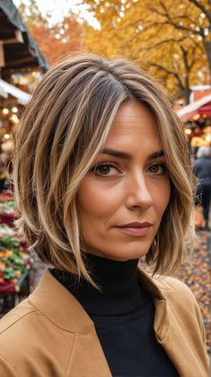 Short Bob Colour Ideas, Fall Hair Styles Short, Fall Highlights For Brown Hair Short, Fall Hair Short Bob, Brown And Blonde Highlights Short Hair, Short Balayage Bob, Fall Hair 2024 Short, Autumn 2024 Hair Colour, Fall Haircut Trends 2024