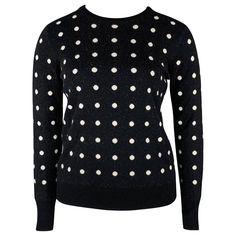 EQUIPMENT pullover in a black and white wool blend knit featuring a polka dot pattern, long sleeves, and crew neck. Excellent Pre-Owned Condition. Marked: L Measurements: Shoulder: 16.5 inches Bust: 38 inches Sleeve: 24.5 inches Length: 23 inches Sui Generis Reference: 130764 Category: Pullover - Womens More Details Brand: EQUIPMENT Gender: Female Size: L Color: Black Color 2: White Fabric: Wool Blend Pattern: Polka Dot Style: Crew-Neck Age Group: Adult Black Hole Sweater, Diana Black Sheep Sweater, Polka Dot Long Sleeve Winter Outerwear, Large Polka Dot Sweater, Polka Dot Style, Retro Polka Dot Collared Tops, Polka Dots Fashion, Polka Dot Pattern, Black Wool