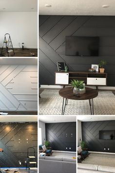 four different shots of a living room with black and white walls, wood flooring, grey couches