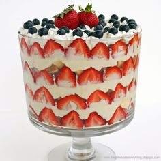 a cake with strawberries and blueberries on top is sitting on a glass pedestal