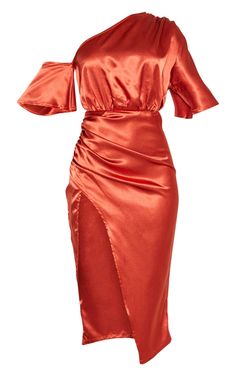 Elevate your weekend look with this dreamy dress doll. Featuring a rust satin material, ruched detailing and a one-shoulder design, we love this teamed with a pair of clear heels and some statement earrings for a look that we're loving. Length approx 124.5cm/49" (Based on a sample size UK 8) Model wears size UK 8/ EU 36/ AUS 8/ US 4 Model Height - 5ft 6" Satin Short Dress, Twisted Dress, One Shoulder Midi Dress, Satin Short, Ruched Skirt, Ruched Midi Dress, Darling Dress, Rust Dress, Ruched Bodycon Dress