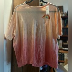 Brand New Never Worn American Eagle Rainbow Embroidered T-Shirt Cute Rainbow Short Sleeve Tops, Relaxed Fit Rainbow Crew Neck Top, Embroidered Tshirt, Orange Pink, Pink Orange, Color Orange, Pink And Orange, American Eagle Outfitters, American Eagle