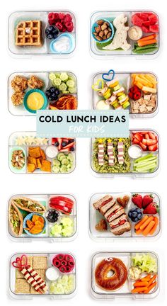 several plastic containers filled with food and the words cold lunch ideas on top of them