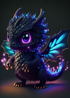 a blue and purple dragon with glowing wings on it's back, sitting in the dark