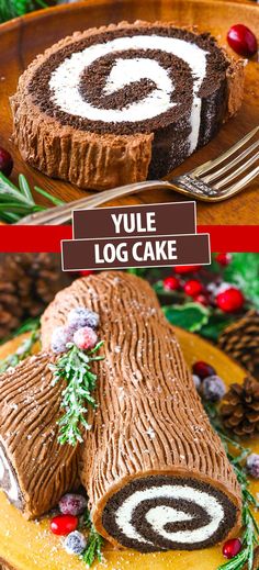 a cake that has been cut into pieces and is on a plate with the words yule log cake