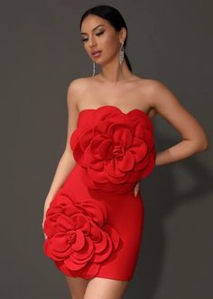 Big 3D Flowers Decor Tube Mini Dress – La Fraise Fashion Elegant Red Bandage Dress For Date Night, Elegant Evening Dresses With 3d Flowers, Elegant Party Dresses With 3d Flowers, Summer Party Dresses With 3d Flowers, Fitted Party Dress With 3d Flowers, Elegant Mini Dress For Red Carpet, Fitted Evening Dresses With 3d Flowers, Elegant Bodycon Dress For Red Carpet, Glamorous Red Bodycon Dress For Prom