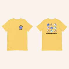 This t-shirt features designs on both the front and back. This t-shirt is unisex size, please refer to the size chart to ensure you are selecting the best size. • 100% combed and ring-spun cotton (Heather colors contain polyester) • Pre-shrunk fabric Yellow Graphic Design Short Sleeve T-shirt, Yellow Graphic Design T-shirt, Yellow Screen Print Short Sleeve T-shirt, Yellow Short Sleeve Screen Print T-shirt, Yellow T-shirt With Front Print, Yellow Short Sleeve T-shirt With Front Print, T Shirt Front And Back, Heather White, Jersey T Shirt