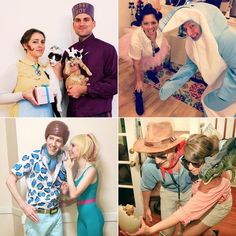 four pictures of people dressed in costumes and hats, one is holding a small dog