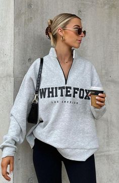 Sweatshirt Women Casual, Zipper Neck, Zip Front Sweater, Party Pants, Gray Sweatshirt, Streetwear Tops, Sweatshirt Zipper, 90s Aesthetic, White Fox