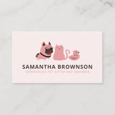 a pink business card with two cats and a dog