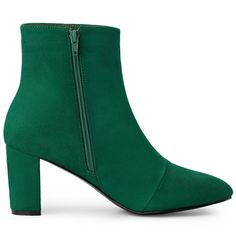 Make a statement with these gorgeous ankle boots. With a block heel and a half-pointed toe, they will have you walking out the house with confidence and in style. Wear them with black trousers and a blouse for that striking effect at work. The boots are also well paired with trousers, jeans, and dresses. Green High Ankle Heels For Fall, Fall Green Heeled Boots With Reinforced Heel, Green Pointed Toe Heeled Boots With Reinforced Heel, Green Block Heel Boots For Fall, Chic Green Pointed Toe Heeled Boots, Green Ankle Booties For Fall, Chic Green Ankle Heeled Boots, Green Heels For Workwear In Fall, Green Low Heel Heels For Fall