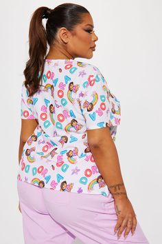 Available In White/combo. Uniform Scrub Top Licensed Dora The Explorer Graphic V Neck Short Sleeve Side Pockets Disclaimer: Pattern Placement May Vary 100% Polyester Imported | Finding Rainbows Dora The Explorer Uniform Scrub Top in White size XL by Fashion Nova Relaxed Fit Tops With Character Print For Loungewear, Multicolor Character Print Tops For Loungewear, Dora The Explorer, Scrub Tops, Scrubs, Fashion Nova, Size Medium, V Neck, Pattern