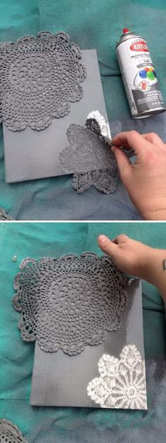 two pictures showing how to make doily with fabric and glue on the tablecloth