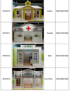 four different views of the front and back of a doll house with doors, windows, and porches