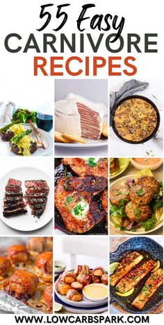 the 25 easy carnivore recipes are featured in this collage with text overlay