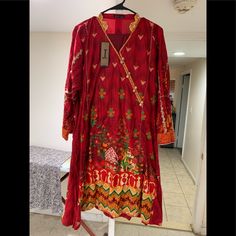 It’s A Beautiful Brand New Dress By Famous Pakistani Brand J. It’s Size 16 X-Large . Any Questions? Let Me Know In Comments Please Red Long Sleeve Rayon Dress, Red Tunic For Summer Festivities, Festive Red Tunic Dress, Red Summer Festive Tunic, Casual V-neck Dress For Festive Occasions, Red Tunic Dress For Festive Occasions, Traditional Red V-neck Dress, Festive Casual Long Sleeve Dresses, Casual Long Sleeve Festive Dresses