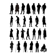 the silhouettes of people are shown in different positions and sizes, including one man with a cane