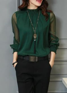 Deep Green Lantern Sleeve High Neck Blouse  on sale only US$24.95 now, buy cheap Deep Green Lantern Sleeve High Neck Blouse  at lulugal.com Casual Blouse Women, Casual Blouses, Chiffon Blouses, Stand Neck, Elegant Lady, Tops Long Sleeve, Elegant Shirt, Chiffon Blouse, Green Blouse