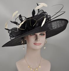 "4. Primary color is for the base hat color;     Second color is for the 9 PCS long feathers  color IF YOU LIKE THE DESIGN, JUST WANT TO ADD SOME COLORS TO MATCH YOUR DRESS, PLEASE FEEL FREE TO CONTACT ME, I WILL HELP YOU.This beautiful sinamay hat is an elegant wear at any church or derby event. its sinamay material is not too intimidating and attracts the eye. The chic flower adnorment that rests on the wide, side sweep brim is complemented by sinamay accentuations. Material: Sinamay with feat Elegant Black Feather Trim Costume Hat, Elegant Black Costume Hat With Feather Trim, Elegant Party Costume Hats And Headpieces With Feather Trim, Elegant Black Mini Hat With Feather Trim, Elegant Ostrich Feather Headpieces For Races, Elegant Mini Hats With Feather Trim For Party, Elegant Feather Trim Top Hat For Party, Black Summer Hat With Feather Trim, Summer Black Hats With Feather Trim