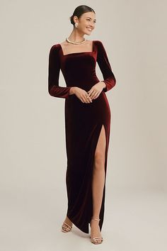 Jenny Yoo Rachel Square-Neck Long-Sleeve Side-Slit Stretch Velvet Gown Pegged Skirt, Velvet Dress Long, Velvet Prom Dress, Long Sleeve Velvet Dress, Red Velvet Dress, Velvet Gown, Jenny Yoo, Square Neck Dress, Stretch Velvet