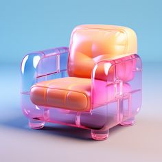 a chair made out of plastic with multiple colors on the back and sides, sitting in front of a blue background