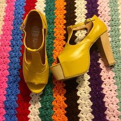 Jeffery Campbell Mustard Yellow chunky Platform heels of my dreams. They are very slightly worn but are as magical as they day they were purchased. Jeffery Campbell Havana collection Size: US 7 Free shipping within the US From Leah @70smama shipping from Virginia Vintage Platform High Heels, Vintage Ankle Strap Platform Heels, Vintage High Heel Platform Heels, Vintage Platform Heels With Ankle Strap, Retro Chunky Platform Heels, Vintage Yellow Heels With Round Toe, Vintage Chunky Platform Heels With Block Heel, Vintage Stacked Block Heel Shoes, Vintage Chunky Platform Heels With Closed Toe