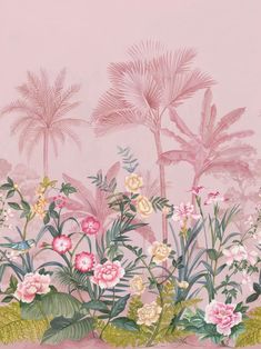 a painting of flowers and palm trees on a pink wallpapered background with green leaves