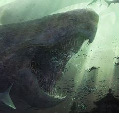 an artist's rendering of a giant shark with its mouth open in the water